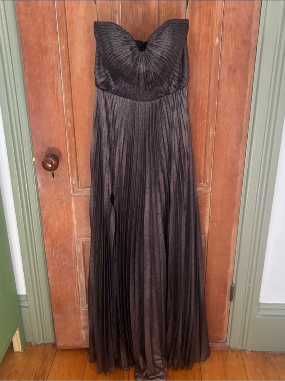 Zac Posen Metallic Gunmetal Off-Shoulder Maxi Gown